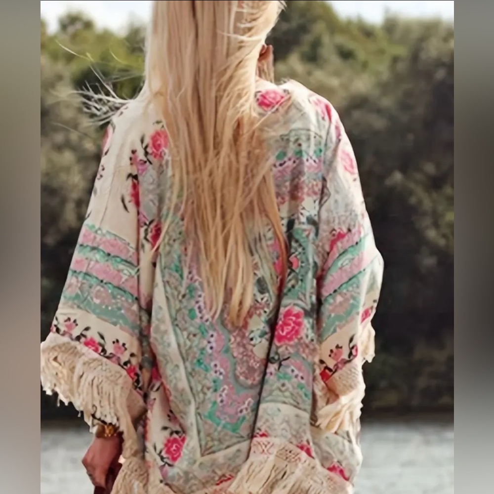 Floral Print Fringe Hem Beach Cover Up Kimono - Picture 4 of 6